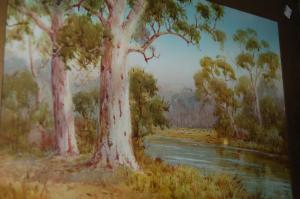 LINDLEY W,River scene with distant sheep and eucalyptus tr,1929,Lawrences of Bletchingley 2008-07-15