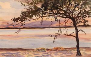 LINDNER Ernest 1897-1988,TREE AT LAKESHORE - SUNSET,Hodgins CA 2023-02-13