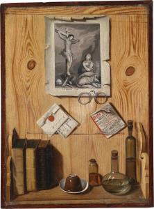 LINNEMAN J. G,Trompe l’’’’oeil of a wooden noticeboardwith books,Palais Dorotheum AT 2011-04-13