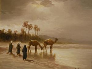 LINNI T,Desert scene with camels drinking from an oasis,Andrew Smith and Son GB 2010-09-14