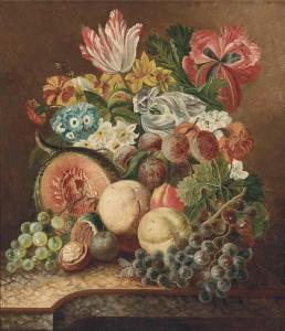 LINTHORST Jacobus 1745-1815,Grapes on the vine, a melon, walnuts, peaches, a b,Christie's 2004-12-10