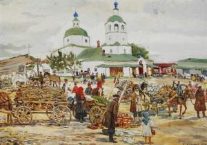 LISSNER ERNEST ERNESTOVICH,Market day in Borovsk outside Moscow,1919,Bruun Rasmussen DK 2019-06-07