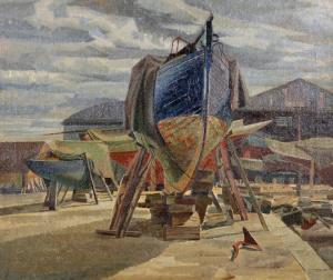 LISTER Edward d Arcy 1911-1976,A Boatyard, with a Boat on Stilts,John Nicholson GB 2019-06-26