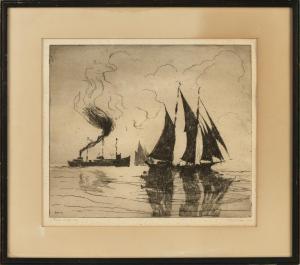 LITTLE Philip 1857-1942,A three-masted steam/sailer and sailboats in a har,1916,Eldred's 2019-09-21