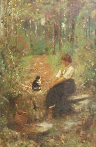 LLOYD Thomas James 1849-1910,Lady and cat at rest by a woodland stream,1880,Tennant's GB 2024-01-05