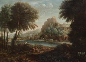 LOCATELLI Andrea 1695-1741,Zuiders landschap met reizigers bij rivier enstad ,Bernaerts 2011-02-21