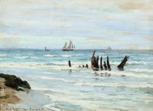 LOCHER Carl,Coastal scenery from Skagen Sønderstrand with ship,1886,Bruun Rasmussen 2018-08-13