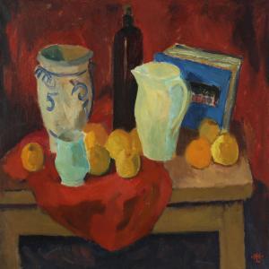 LOFGREN Hans 1892-1973,Still life with fruit, jugs, vases and book on a t,Bruun Rasmussen 2012-05-21