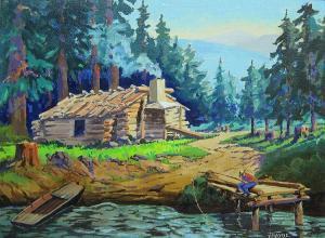 LOGAN Thayne 1900-1990,Northwest log cabin by a lake,Matthew's Gallery US 2013-06-25