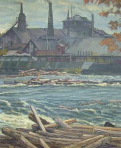LOJUSNE Sodra Hyffan 1900,Pulp and paper mill with logs and a river; oil on ,Rosebery's 2005-12-13