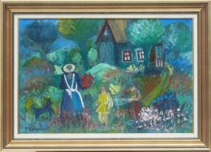 LORENTZON Monica 1940,Plockar blommor i trädgården,Uppsala Auction SE 2014-01-21