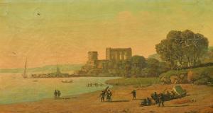 LOTTIER Louis 1815-1892,French, merchants gathered on a beach with a town ,John Nicholson 2022-02-09