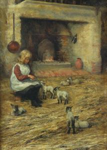 LOUISE HARDMAN Emma 1885-1935,a young girl feeding lambs by a fireplace,Ewbank Auctions 2021-03-25