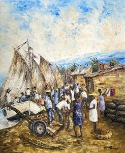 LOUIZOR ERNST 1938-2011,Haitian Village Fishing Scene,David Lay GB 2021-07-22