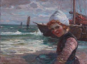 LOUYOT Edmond 1860-1918,DUTCH GIRL AND FISHING BOATS,Clark Cierlak Fine Arts US 2021-08-21
