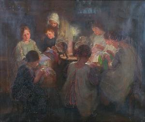 LOVERING Ida 1800-1900,interior scene with children making lace by candle,Bonhams GB 2008-03-20