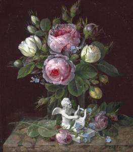 LOVMAND Christine Marie 1803-1872,Still life with roses and forget-me-nots on a mar,Bruun Rasmussen 2022-01-24