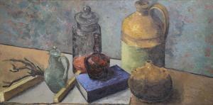 LOXTON PEACOCK Clarisse,Still life of bottles, a book and flagon on a tabl,1958,Gorringes 2021-12-07