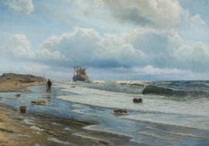 LUBBERS Holger Peter Svane 1850-1931,Coastal scenery with stuck tall ship in t,1915,Bruun Rasmussen 2024-03-25