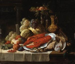LUCAS John Seymour,Still Life with lobster, oysters, fruit and fowl o,1873,Christie's 1998-10-28