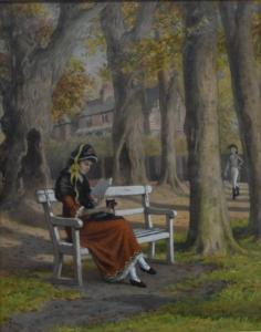 LUCAS William,Lady seated on a park bench reading, with lap dog,1879,Andrew Smith and Son 2021-10-13