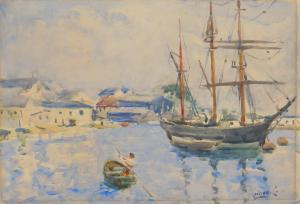 LUDOVICI Jnr. Albert 1852-1932,Harbor View with Boatman,Rachel Davis US 2024-02-10