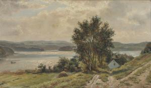 LUND Emil Carl,View from a white farmhouse overlooking the water,Bruun Rasmussen 2023-08-28