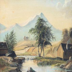 LUND F 1800-1800,Mountain landscape with cottages by a river,Bruun Rasmussen DK 2013-01-28