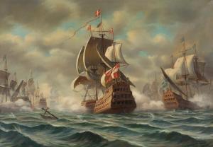 LUND F,The battle in Koege Bay 1677 with Niels Juel's Shi,20th century,Bruun Rasmussen 2023-01-30
