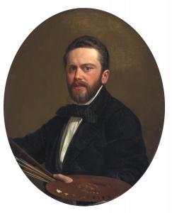 LUND Frederick Christian 1826-1901,The artist's self-portrait with painting br,1857,Bruun Rasmussen 2023-06-14