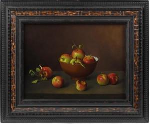 LUNDAHL Nadine 1958,Apples with a brown bowl on ledge (Nature morte,Hotel des ventes Giraudeau 2020-09-19