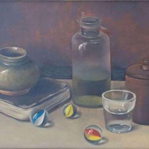 LUNDAHL Nadine 1958,Still life with book, bottle and marbles,Amberes BE 2022-01-24