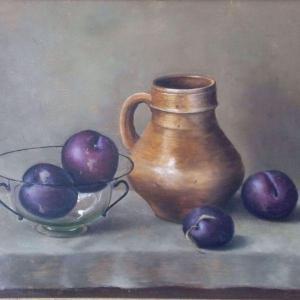 LUNDAHL Nadine 1958,Still life with jug and plums,Amberes BE 2022-01-24