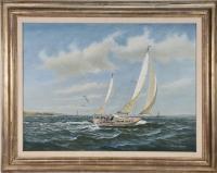 LUNDGREN Charles J 1911-1988,two sailors in sail boat, full sail,Hood Bill & Sons US 2021-09-14