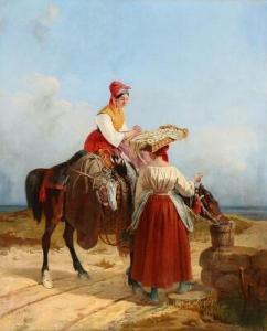 LUNDH Theodor Henrick 1812-1896,Two young peasant women watering the horse on ,1845,Bruun Rasmussen 2017-02-13