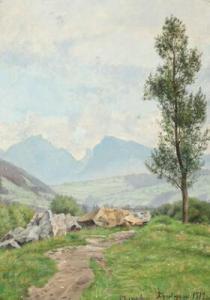 LUPLAU Marie 1848-1925,Landscape with bridge and mountains,1912,Bruun Rasmussen DK 2022-04-18