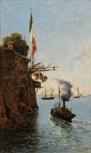 LUXORO Alfredo 1859-1918,Promontorio sul mare con vaporetto,Meeting Art IT 2023-10-21