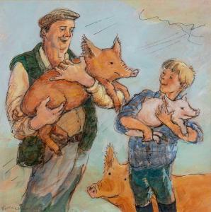LUXTON VIVIENNE,farmer and son clutching pigs,Rogers Jones & Co GB 2023-11-18
