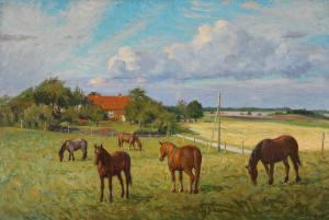LYNGBO Christen 1871-1968,Farm scenery with horses,1945,Bruun Rasmussen DK 2022-11-14