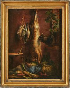 LYTZEN Niels Agaard,Stilleben med hare, katt, fåglar och rotfrukter,1868,Uppsala Auction 2023-08-15