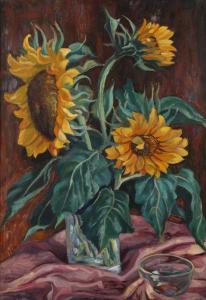 MÜHLEN Hermann 1886-1964,Sonnenblumenstillleben Glasvase mit drei blühenden,1947,Mehlis 2021-08-26