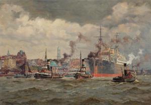 MÜHLHAN Adolf,View from the Port of Hamburg with tugs and a larg,Bruun Rasmussen 2020-11-09