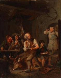 MÜHLIG Meno 1823-1873,Persons in a hunting lodge gathered around dead de,Bruun Rasmussen 2021-09-06