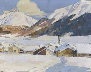 MÜLLER Giovanni 1890-1970,Winterliche Ansicht von Zuoz im Engadin,Dobiaschofsky CH 2012-05-09