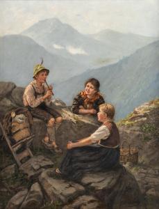 MÜLLER LINGKE Albert 1844-1900,A peasant boy and two girls in an alpine landscape,Nagel 2022-11-16