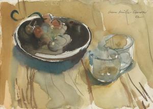 MÜLLER LINOW Bruno 1909-1997,Stilleben mit Gläsern und Obstteller,1952,Galerie Bassenge 2023-12-01