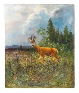 MÜLLER Moritz II,A roe deer in a flowering meadow with approaching ,1899,Palais Dorotheum 2023-09-07