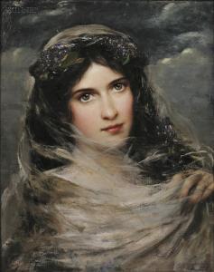 MüLLER URY Adolf Felix 1862-1947,Portrait of a Dark-haired Beauty in a White Veil,Skinner 2012-02-03