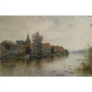 MÜLLER WILLEM 1859-1923,A VIEW OF A DUTCH TOWN ALONG A RIVER (RECTO),Sotheby's GB 2011-03-14