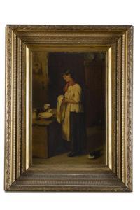 MACDONALD A.M,A young woman drying dishes in an interior with a ,1887,Adams IE 2018-04-15